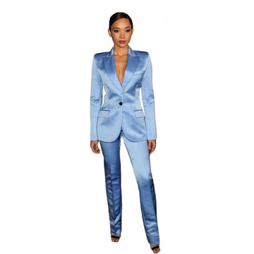 Bright Satin Blue Women Pants Suits Two Piece Set  Slim Fit Ladies Blazer Jacket Business Attire