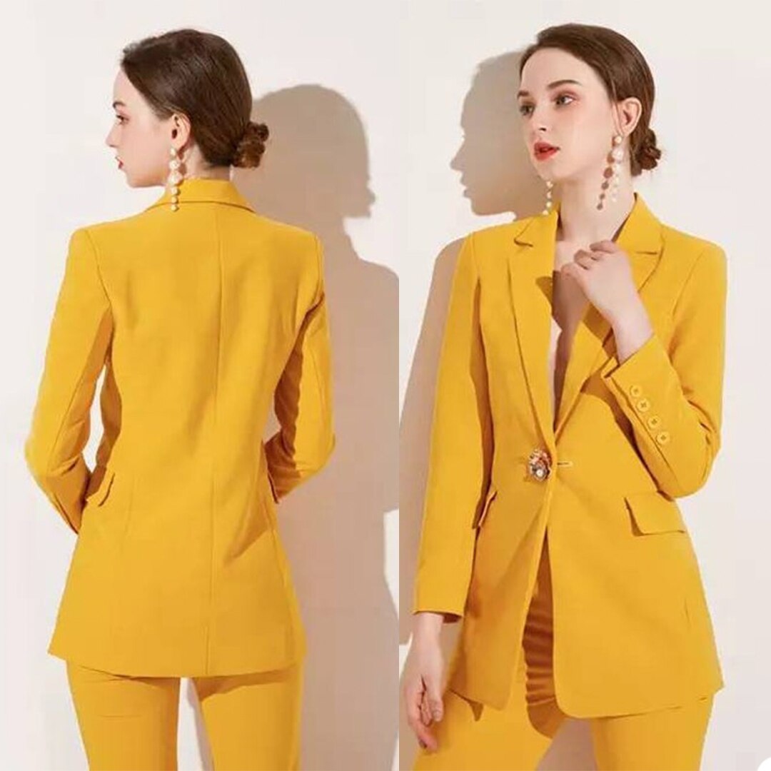 Traje de noche amarillo brillante para mujer, vestido de madre de la novia con un botón, para fiesta, graduación, pantalones, 2 piezas 