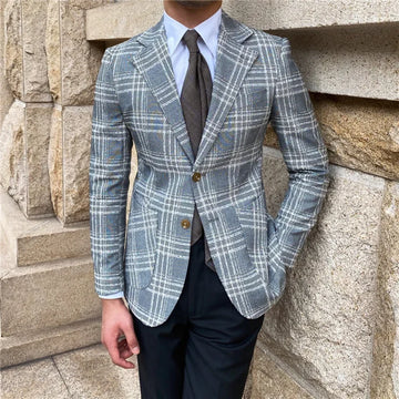 Men's Stylish Gray Plaid Checkered Blazer with Two Button Closure