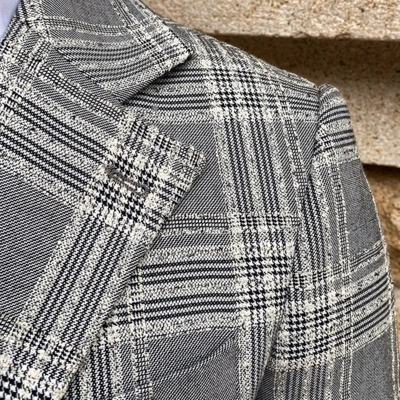 Men's Stylish Gray Plaid Checkered Blazer with Two Button Closure