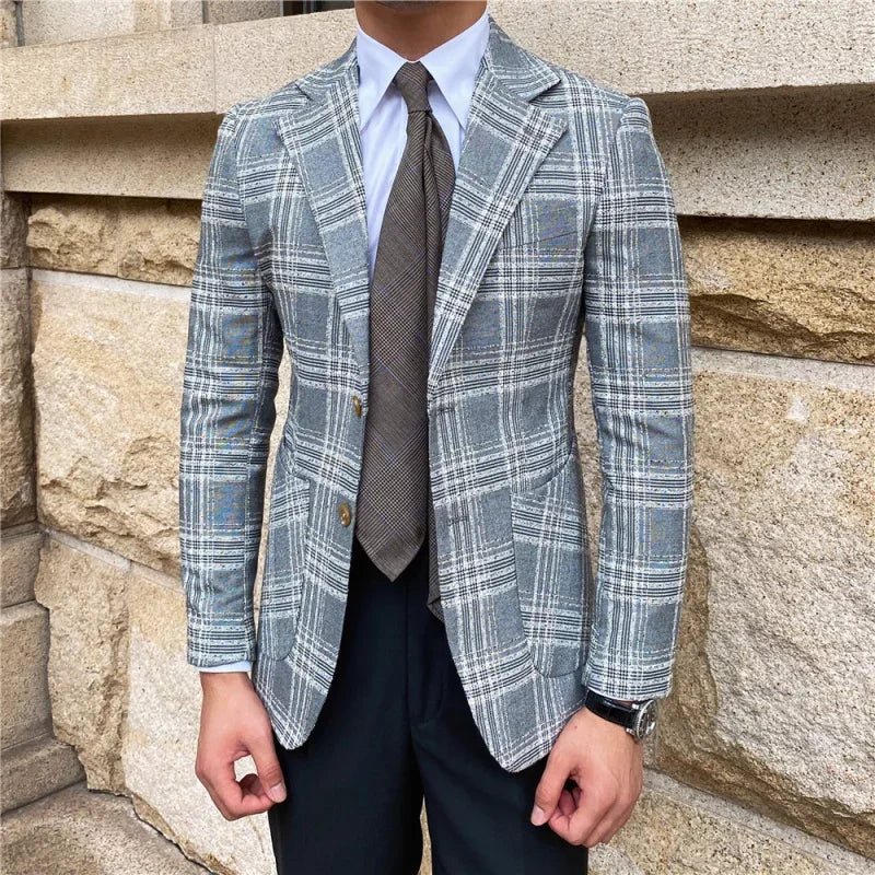 Men's Stylish Gray Plaid Checkered Blazer with Two Button Closure