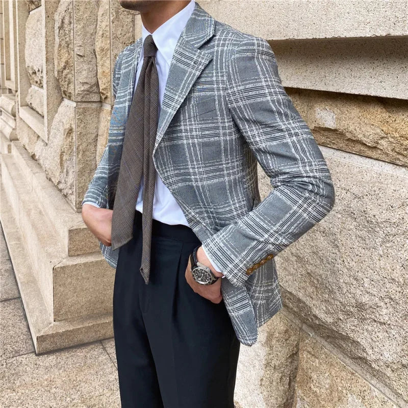 Men's Stylish Gray Plaid Checkered Blazer with Two Button Closure