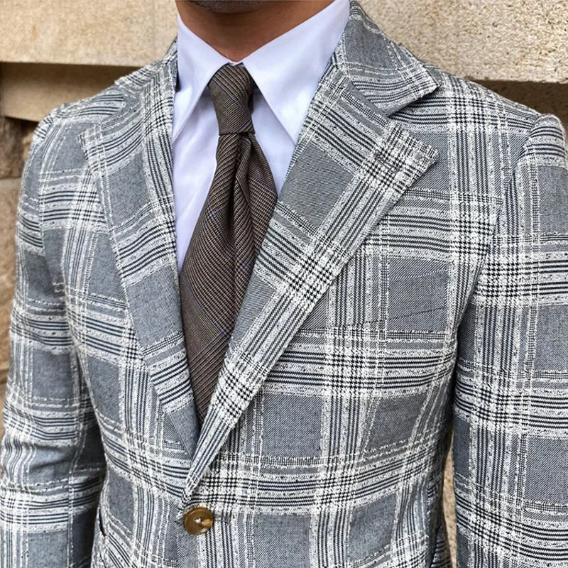 Men's Stylish Gray Plaid Checkered Blazer with Two Button Closure