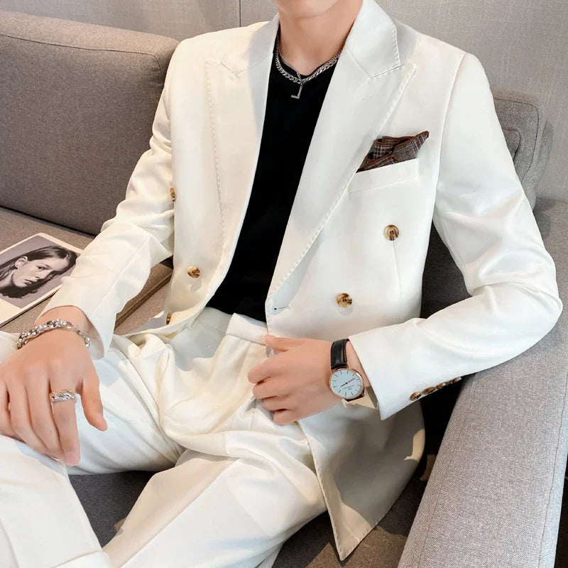 Blazer de diario británico para hombre, chaqueta de traje ajustada con doble botonadura a la moda, de color liso, informal y moderna para hombre