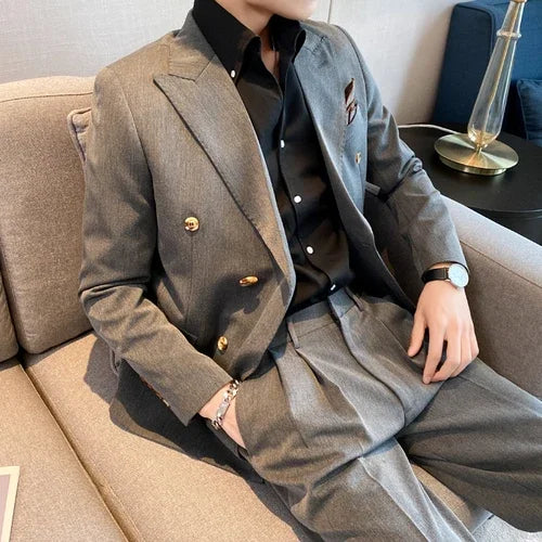 Blazer de diario británico para hombre, chaqueta de traje ajustada con doble botonadura a la moda, de color liso, informal y moderna para hombre