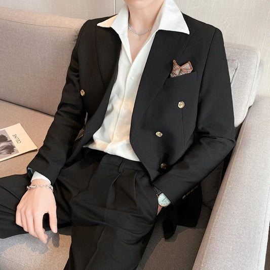 British Daily Men Blazer Hombre Fashion Double Breasted Slim Suit Blazer Homme Solid Color Suit Jacket Casual Trendy Masculino