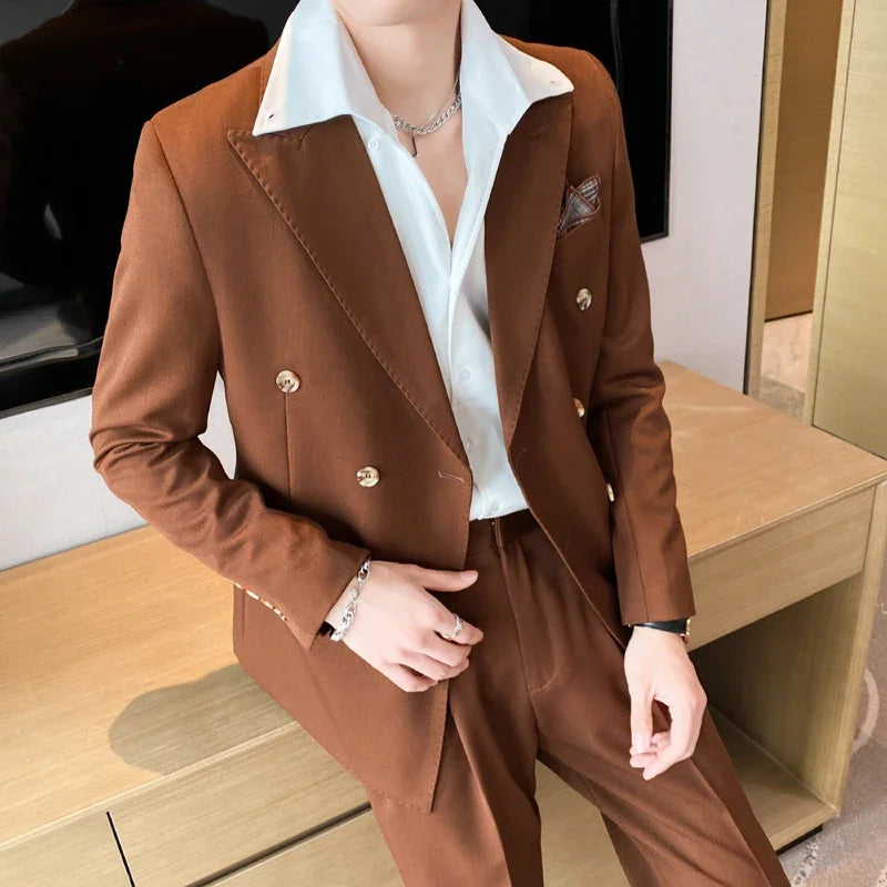 Blazer de diario británico para hombre, chaqueta de traje ajustada con doble botonadura a la moda, de color liso, informal y moderna para hombre