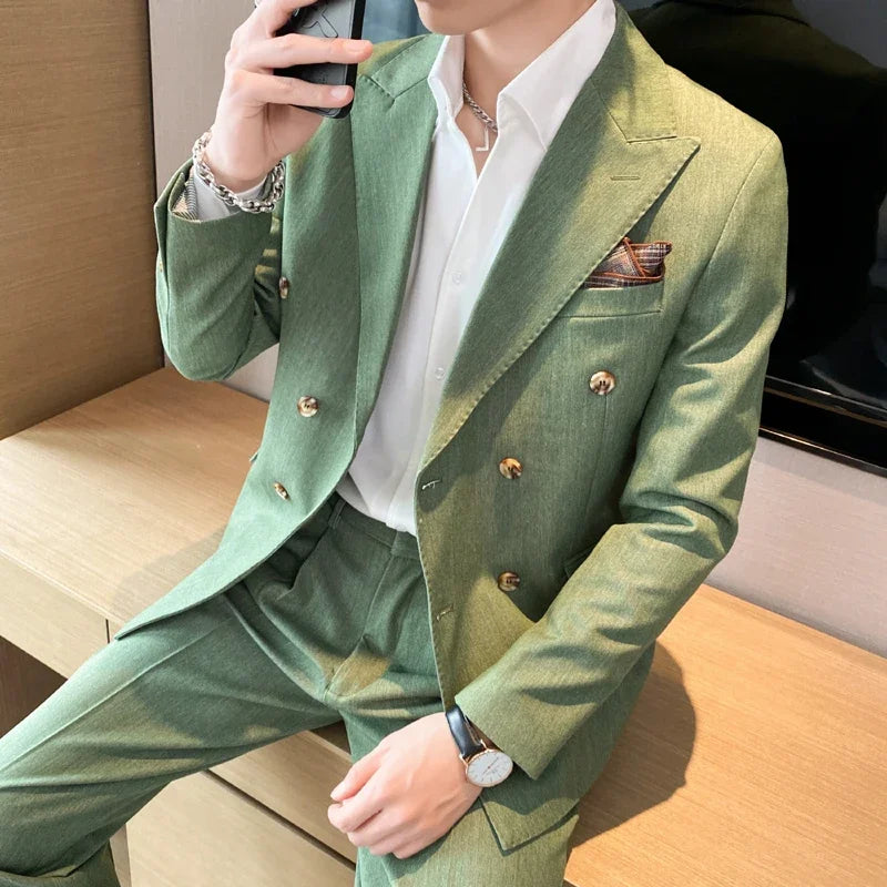 Blazer de diario británico para hombre, chaqueta de traje ajustada con doble botonadura a la moda, de color liso, informal y moderna para hombre