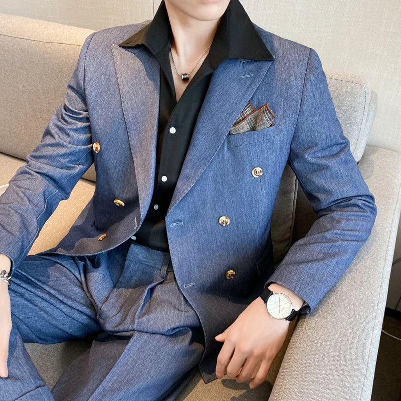 Blazer de diario británico para hombre, chaqueta de traje ajustada con doble botonadura a la moda, de color liso, informal y moderna para hombre