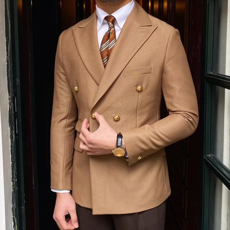 Blazer de estilo británico para hombre, traje ajustado de dos piezas con doble botonadura, color liso, informal y moderno.