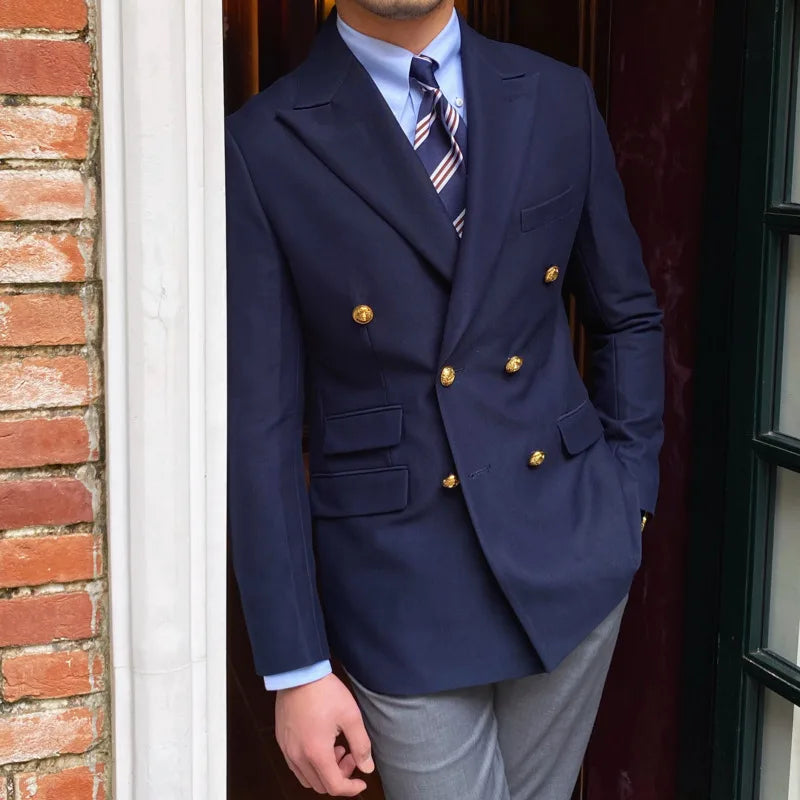 Blazer de estilo británico para hombre, traje ajustado de dos piezas con doble botonadura, color liso, informal y moderno.