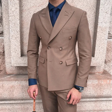 Men's Double Breasted Khaki Suit with Peak Lapel and Button Details