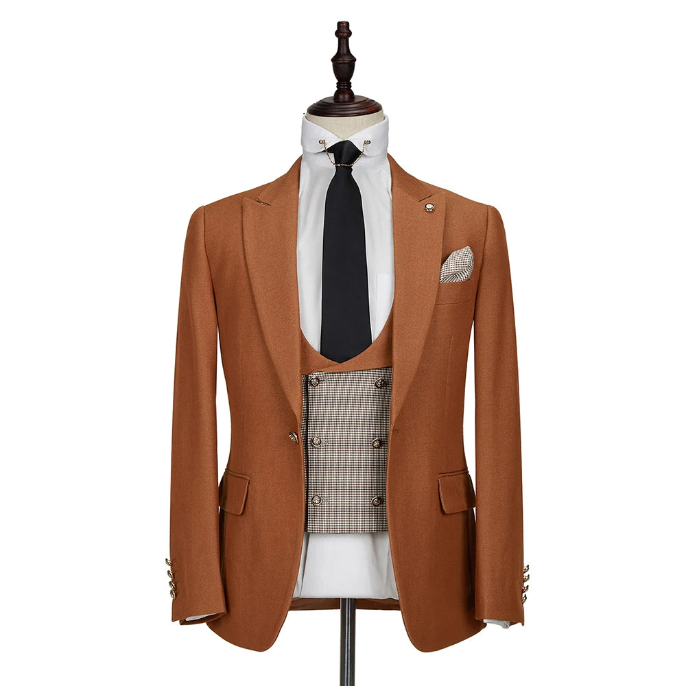Men's Brown British Peaked Lapel Slim Fit 3-Piece Tuxedo Suit for Wedding, Prom & Bridegroom