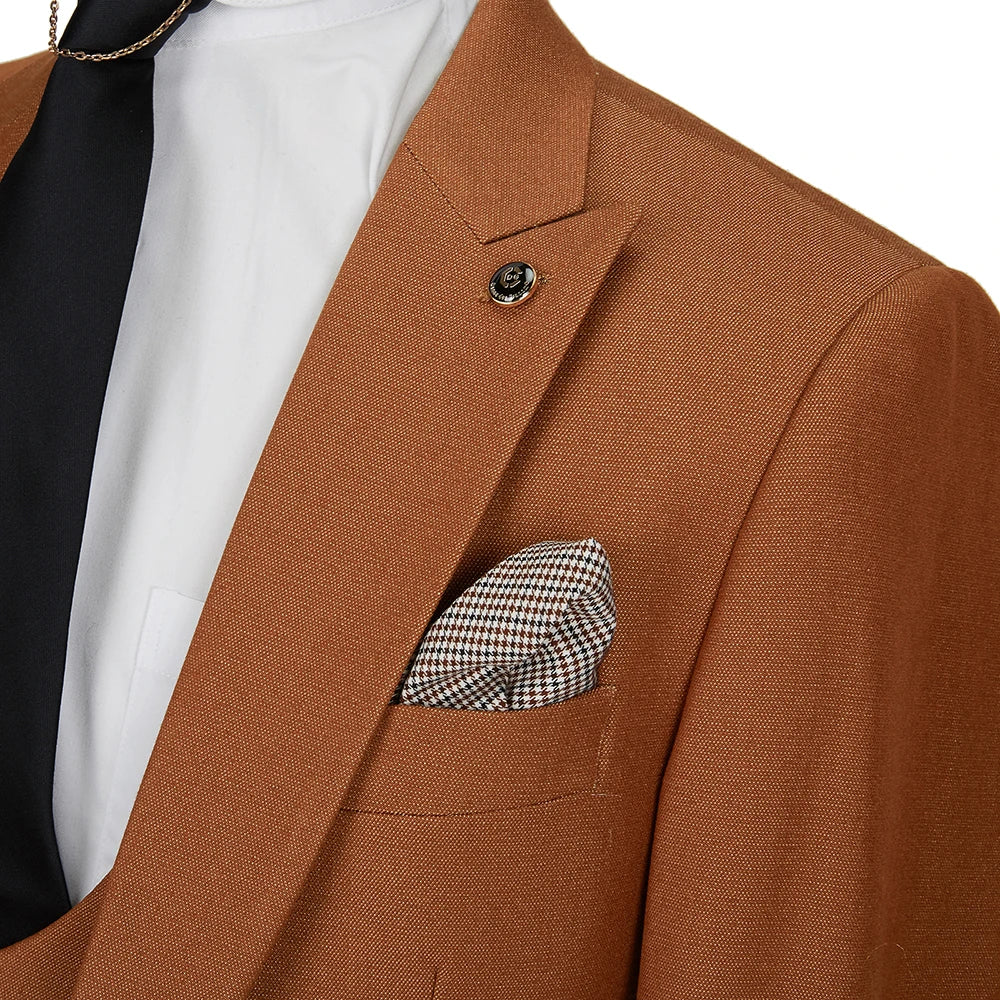 Men's Brown British Peaked Lapel Slim Fit 3-Piece Tuxedo Suit for Wedding, Prom & Bridegroom