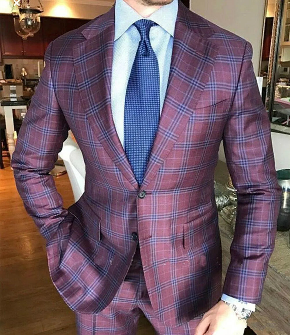 British Plaid Suits Mens 2 Piece Suits Classic Suit Slim Fit Suit Business Jacket Pants Custom Wedding Tuxedos