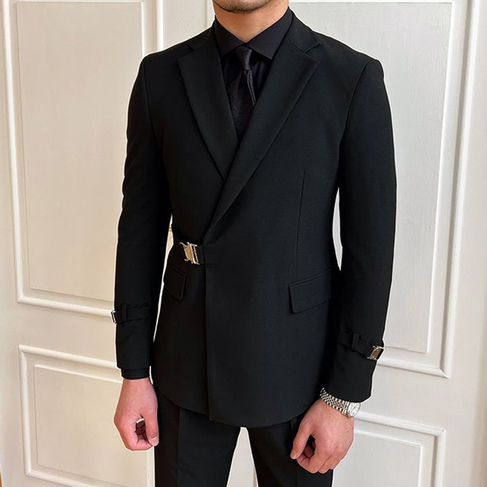 Veste de costume noire de style britannique pour homme, tenue professionnelle décontractée, tenue formelle, ceinture croisée 