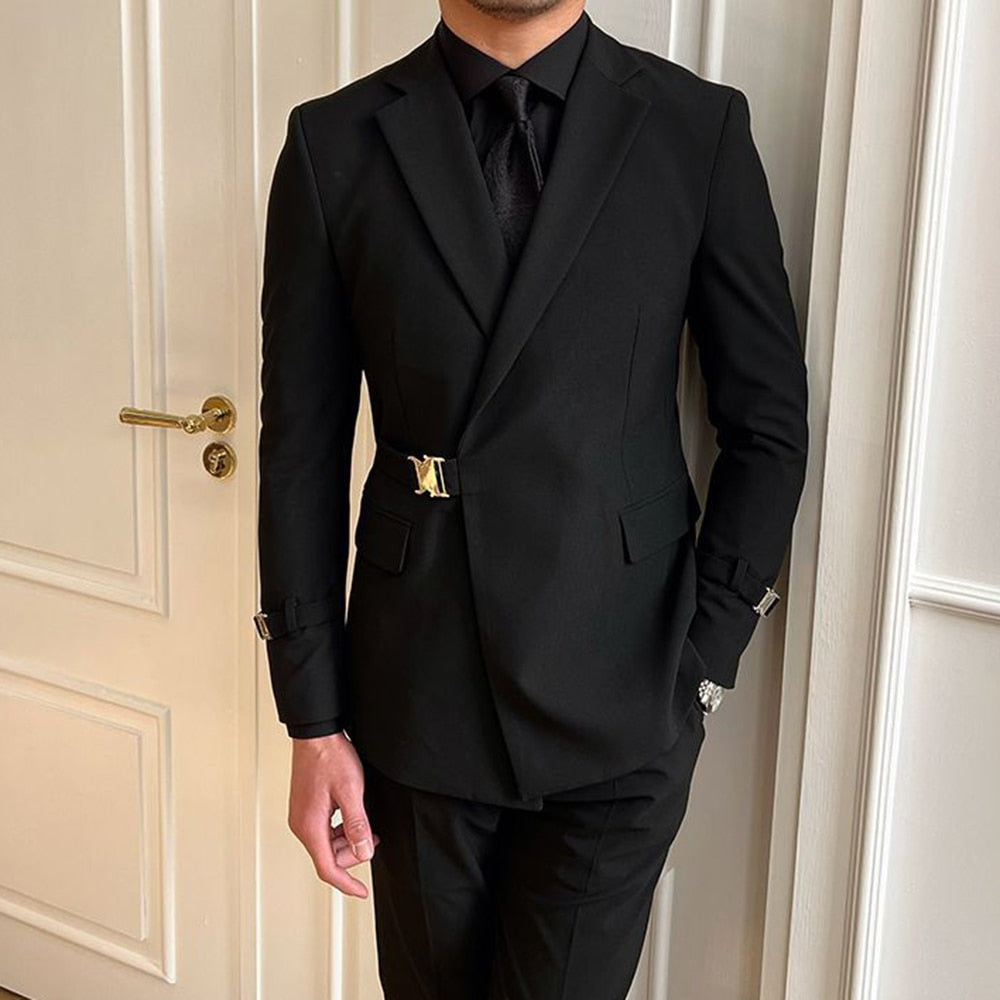 Veste de costume noire de style britannique pour homme, tenue professionnelle décontractée, tenue formelle, ceinture croisée 