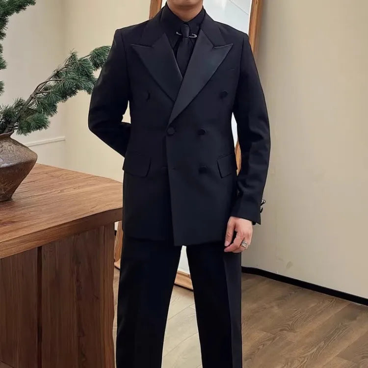 British Style Men Double Breasted Spliced Collar Business Work Formal Suit Set Blazer Jacket Pants Two Piece Wedding Dress Suits