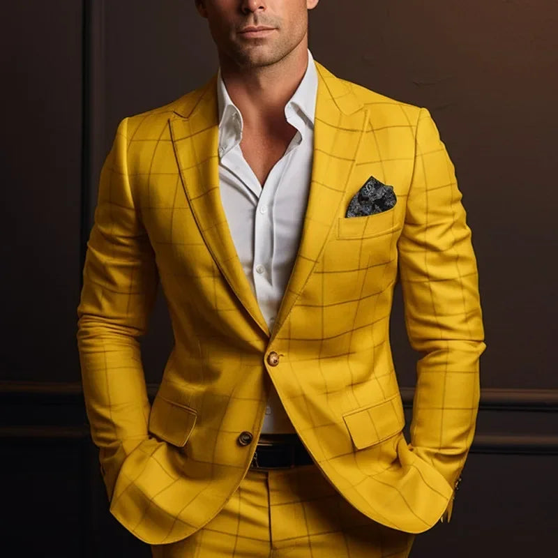 British Style Men's Suits Gold Plaid Wedding Party Tuxedo Blazer Slim Fit Notch Lapel Blazer Male Suit 2 Pcs Jacket Pants