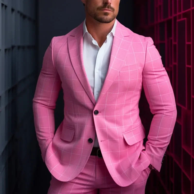 Trajes de hombre de estilo británico, esmoquin a cuadros dorados para boda, blazer ajustado con solapa de muesca, traje masculino de 2 piezas, chaqueta y pantalón