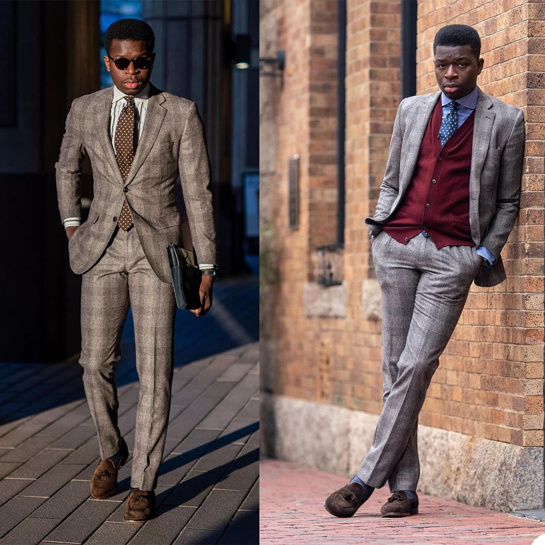 Smoking d'affaires à carreaux de style britannique pour homme, coupe slim, costume de mariage, tenue de bal formelle (veste + pantalon)
