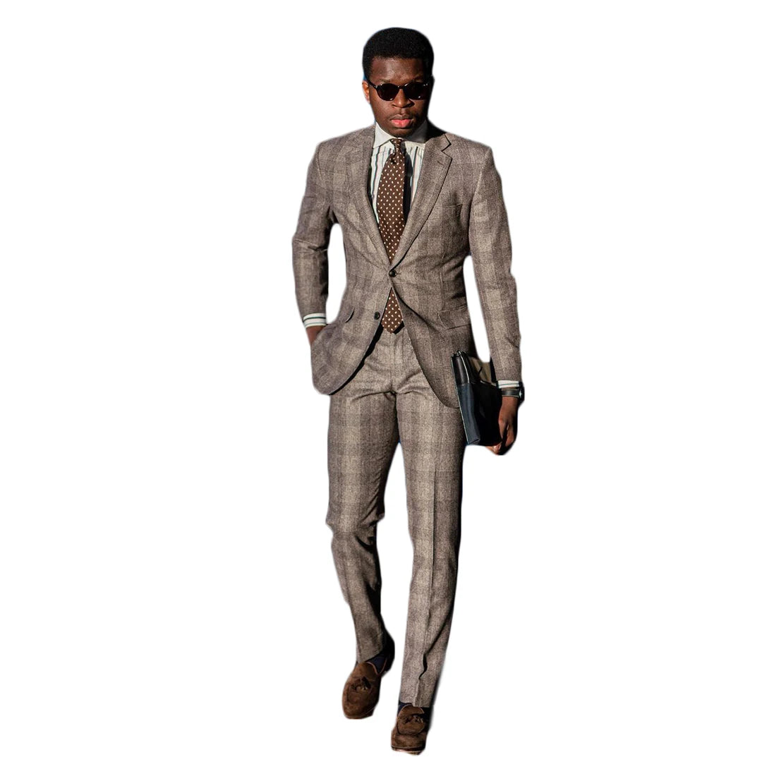 Smoking d'affaires à carreaux de style britannique pour homme, coupe slim, costume de mariage, tenue de bal formelle (veste + pantalon)