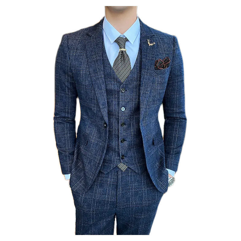 Traje de hombre de estilo británico de talla grande, traje de lana de tres piezas, vestido de novia para novio, ropa formal británica ajustada. 