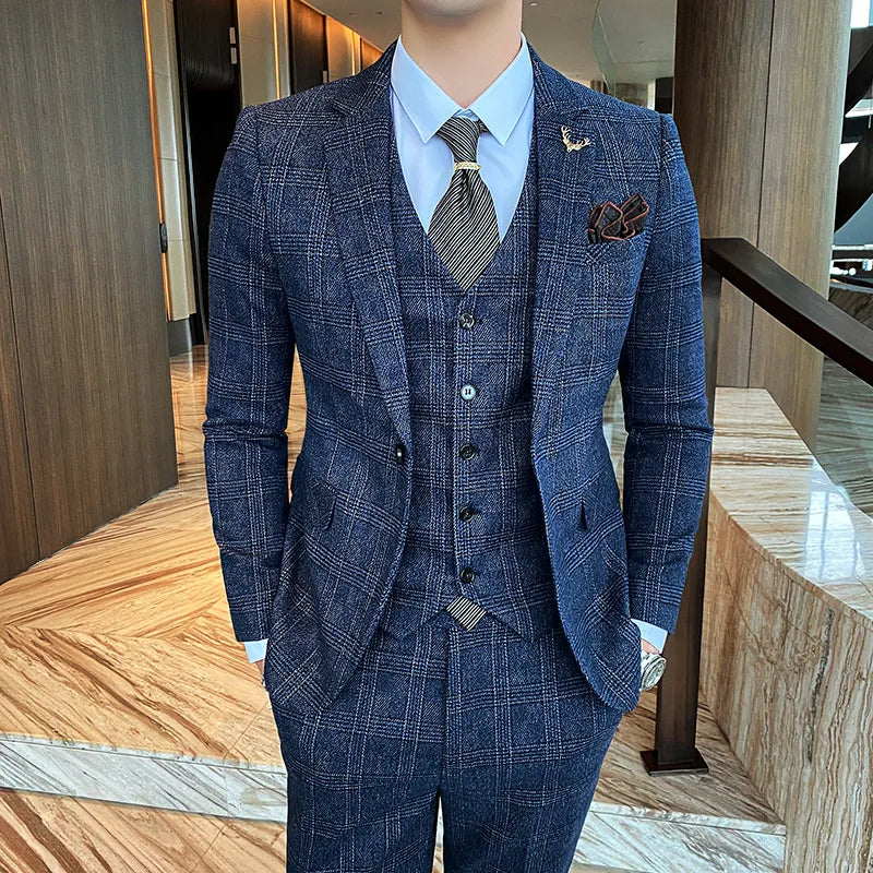 Traje de hombre de estilo británico de talla grande, traje de lana de tres piezas, vestido de novia para novio, ropa formal británica ajustada. 
