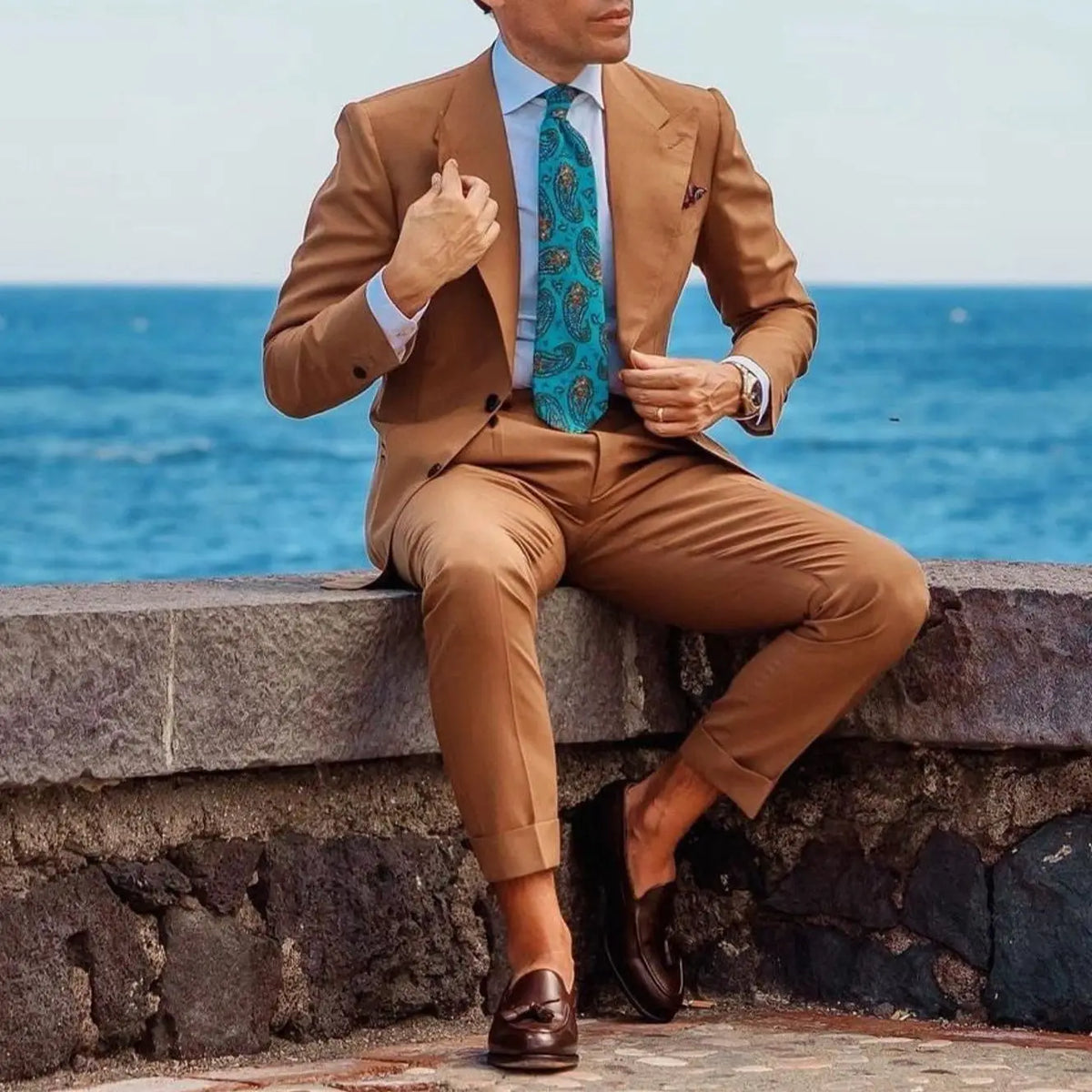 Trajes marrones para hombre, esmoquin de boda, novio, a medida, dos piezas, chaqueta y pantalón, conjuntos de blazer