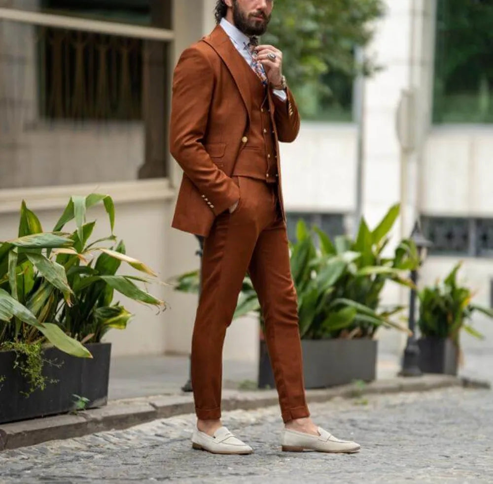 Trajes formales de moda marrón para hombre para fiesta de boda, conjuntos de blazer a medida, traje de novio de 3 piezas con chaqueta, pantalón y chaleco.