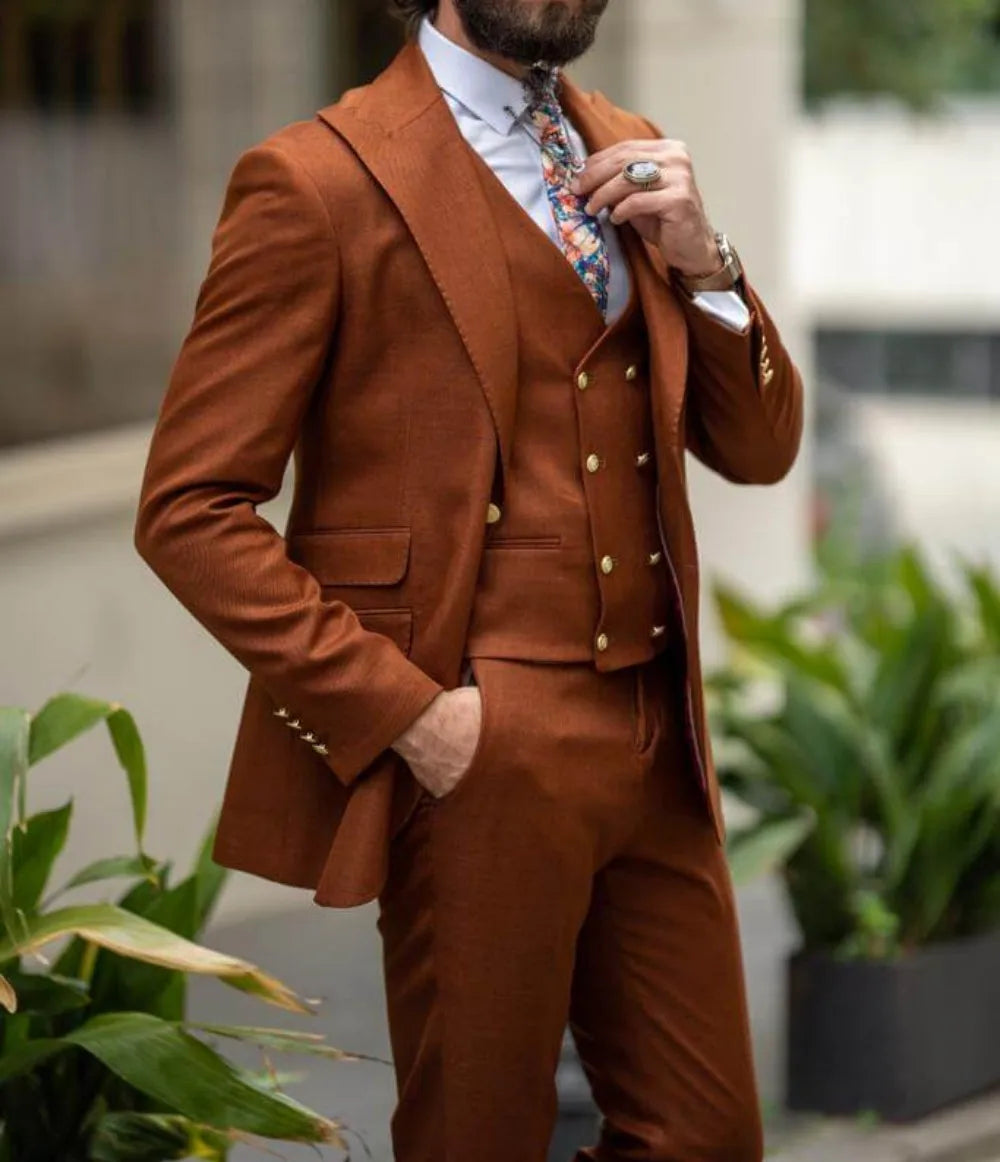 Trajes formales de moda marrón para hombre para fiesta de boda, conjuntos de blazer a medida, traje de novio de 3 piezas con chaqueta, pantalón y chaleco.