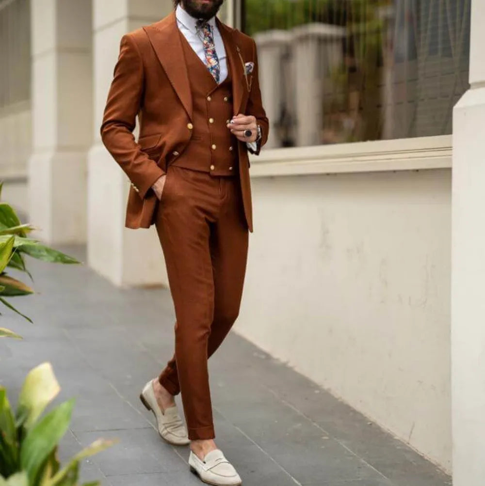 Brown Fashion Formal Men's Suits for Wedding Party Custom Made Blazer Sets Bridegroom 3-Piece Jacket+Pants+Vest