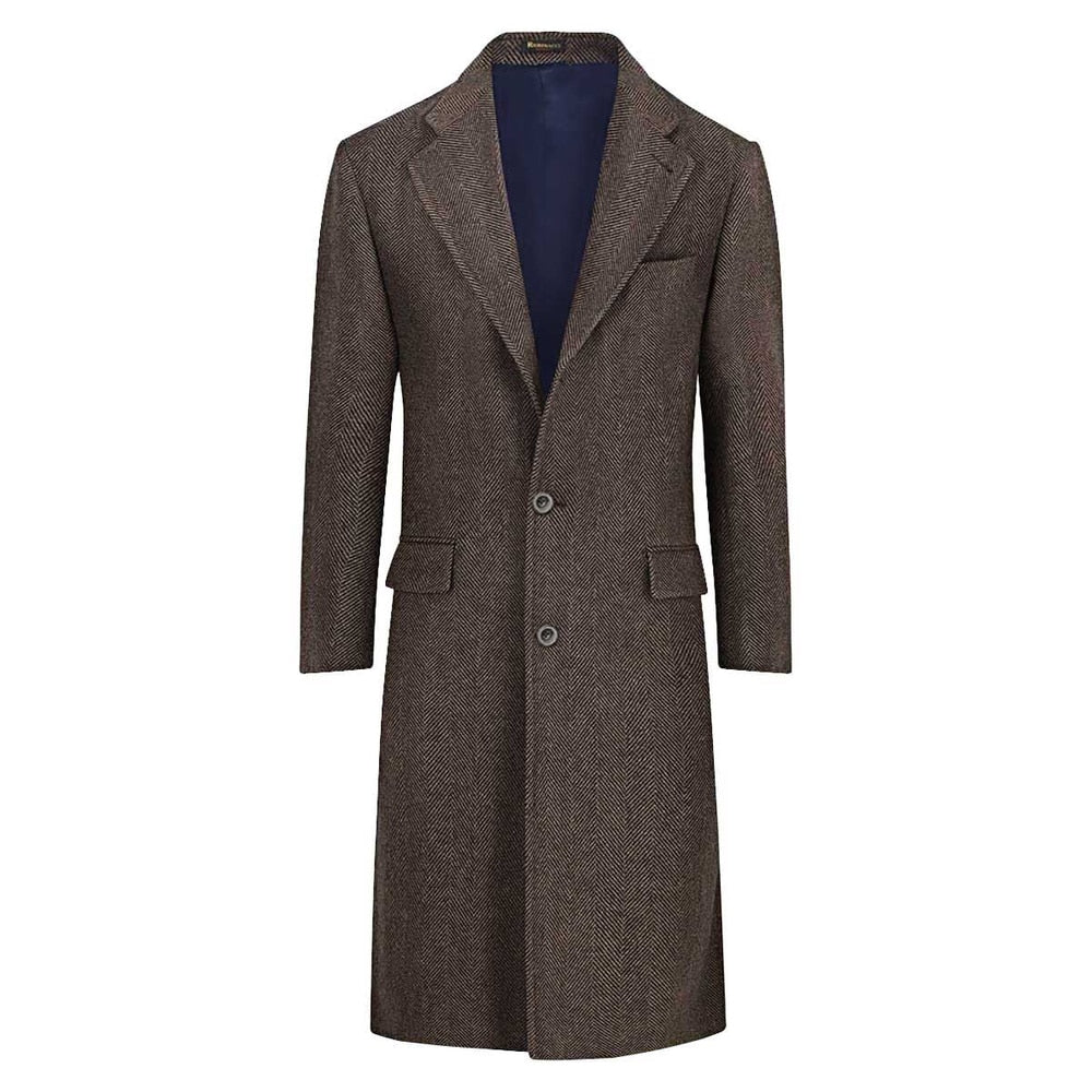 Trajes de invierno para hombre con diseño de espiga marrón, a medida, con solapa con muescas, para fiesta de novio, esmoquin, abrigo largo de una pieza para hombre