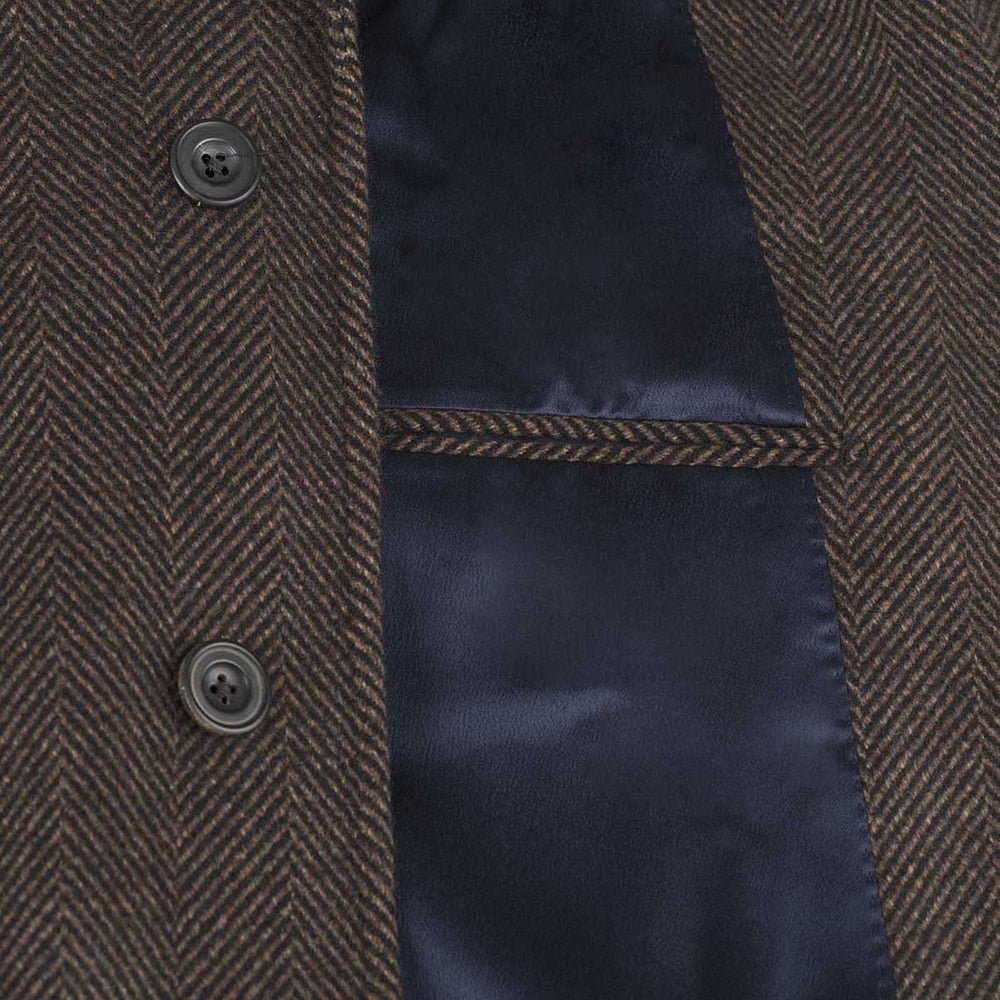 Trajes de invierno para hombre con diseño de espiga marrón, a medida, con solapa con muescas, para fiesta de novio, esmoquin, abrigo largo de una pieza para hombre