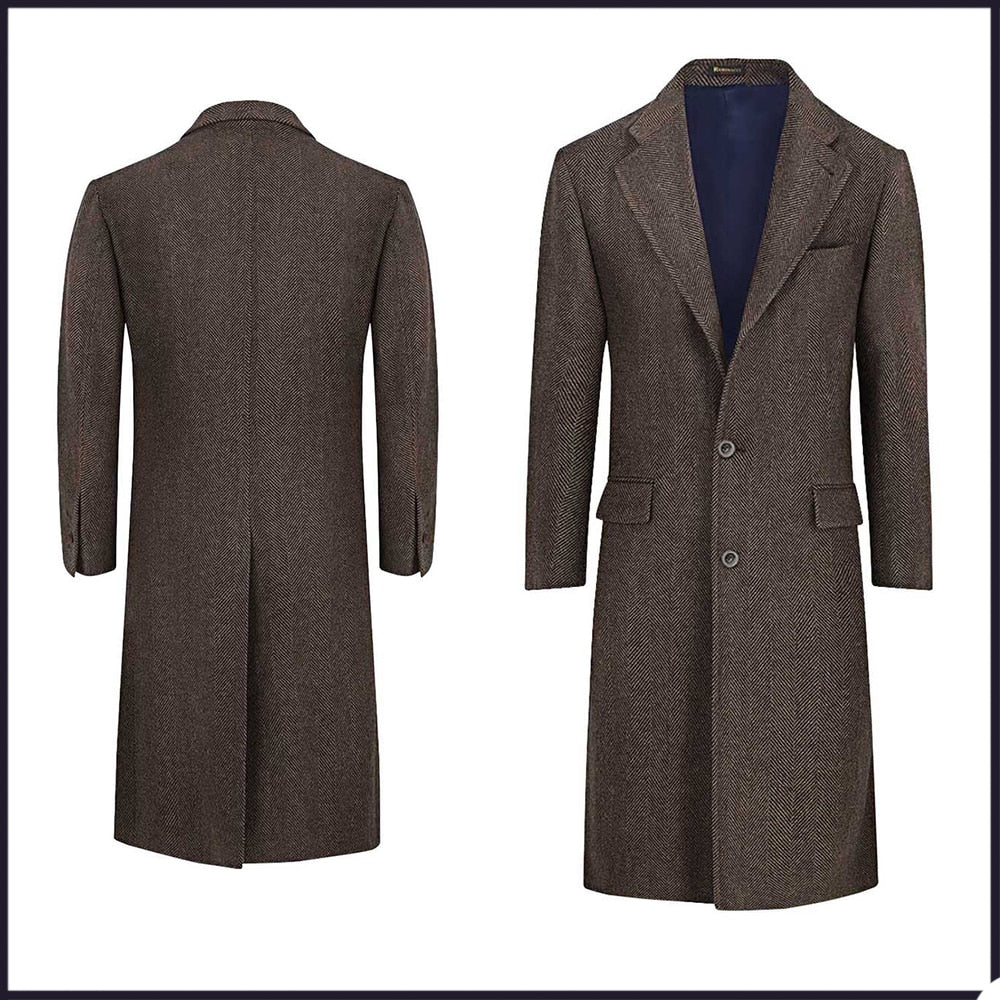 Trajes de invierno para hombre con diseño de espiga marrón, a medida, con solapa con muescas, para fiesta de novio, esmoquin, abrigo largo de una pieza para hombre
