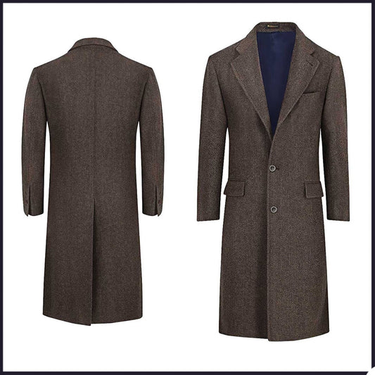 Brown Herringbone Winter Men Suits Custom Made Notched Lapel Groom Party Tuxedo Long Coat For Men One Piece
