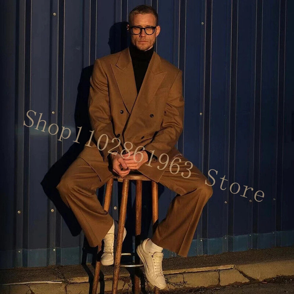 Brown Male Suits Groom Wear Peak Lapel Double Breasted 2 Pieces Formal Men Suits Groomsmen Wedding Tuxedos