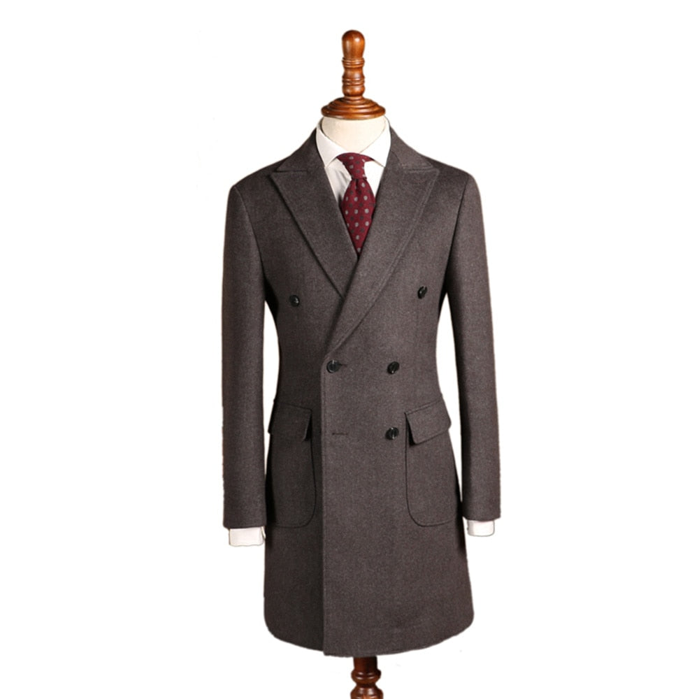 Brown Men Overcoat Long Coat Tweed Wool Blend Suit Jackets Groom Business Blazer Double Breasted Tuxedos