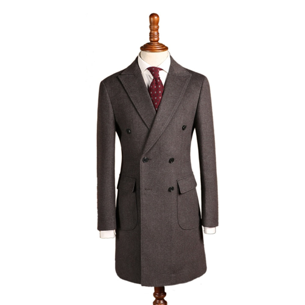 Manteau long marron pour homme, veste de costume en tweed et laine mélangée, blazer d'affaires, smoking croisé 