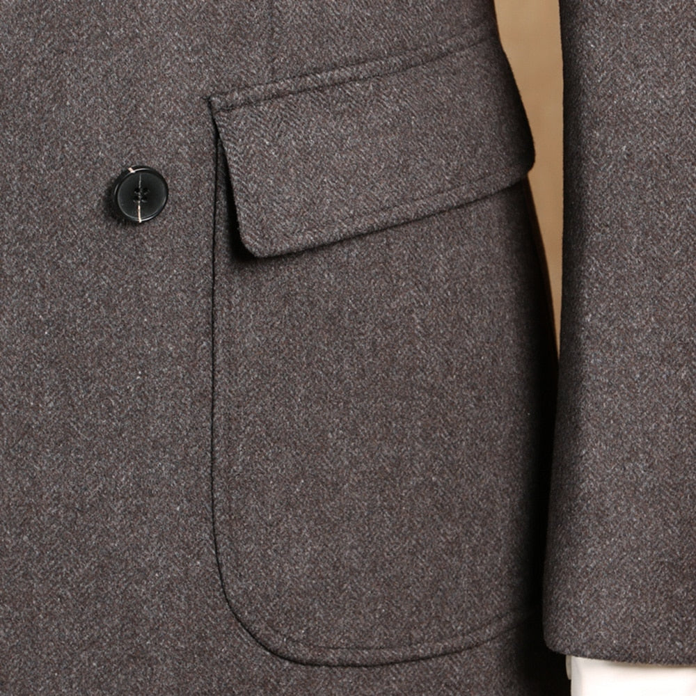 Manteau long marron pour homme, veste de costume en tweed et laine mélangée, blazer d'affaires, smoking croisé 