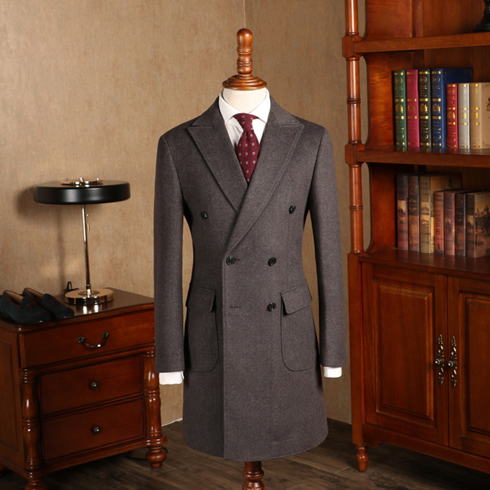 Manteau long marron pour homme, veste de costume en tweed et laine mélangée, blazer d'affaires, smoking croisé 
