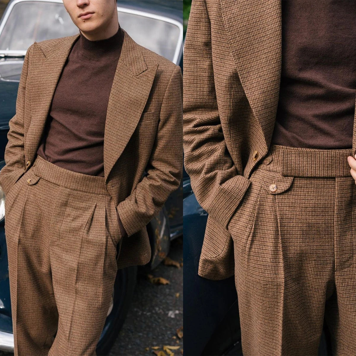 Trajes marrones para hombre, a medida, 2 piezas, blazer, pantalón, botonadura sencilla, solapa ancha, cuadros, rayas, para negocios, boda, talla grande, a medida.