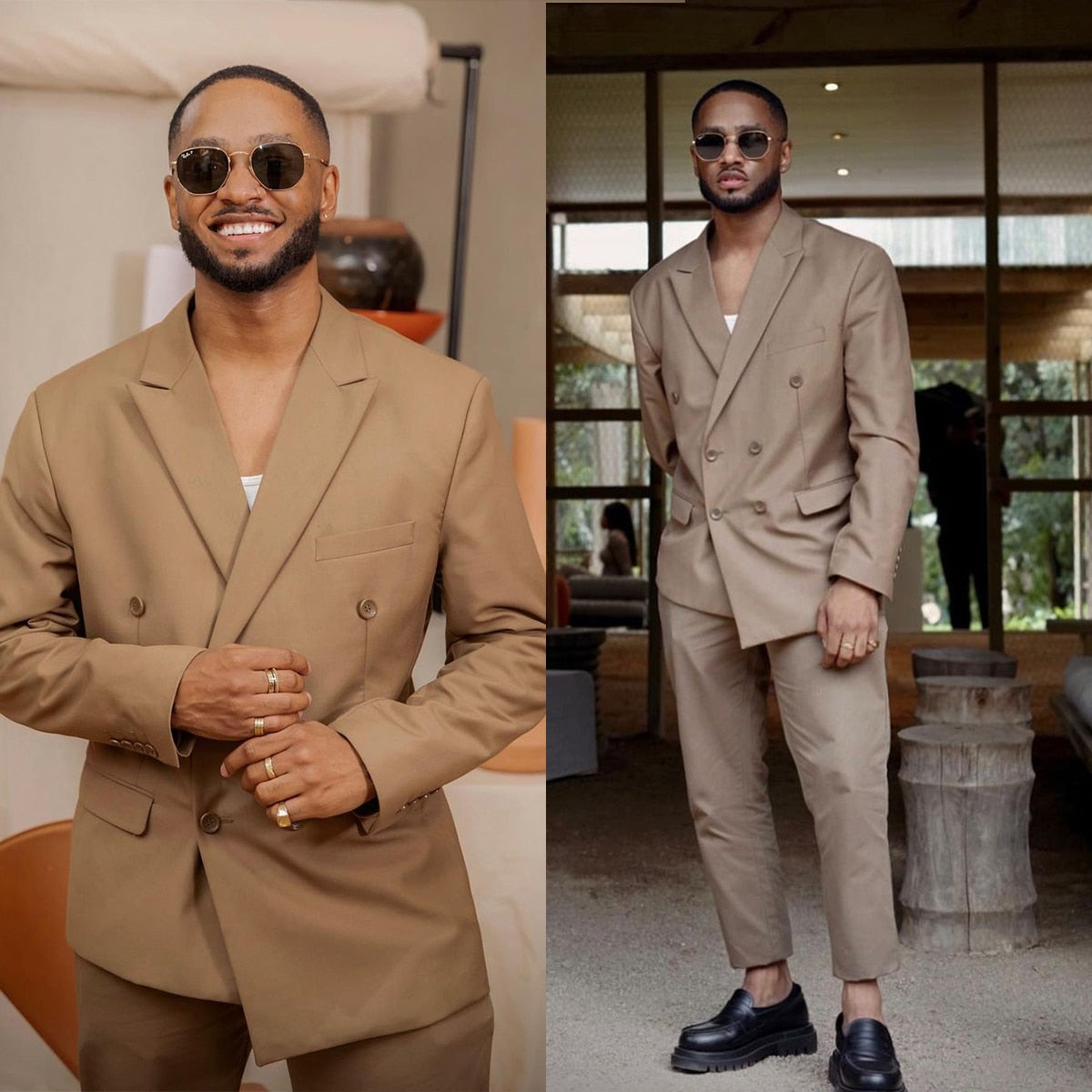 Costume marron 2 pièces pour homme, blazer et pantalon croisés, revers pointus, coupe ample, costume de marié moderne pour homme 