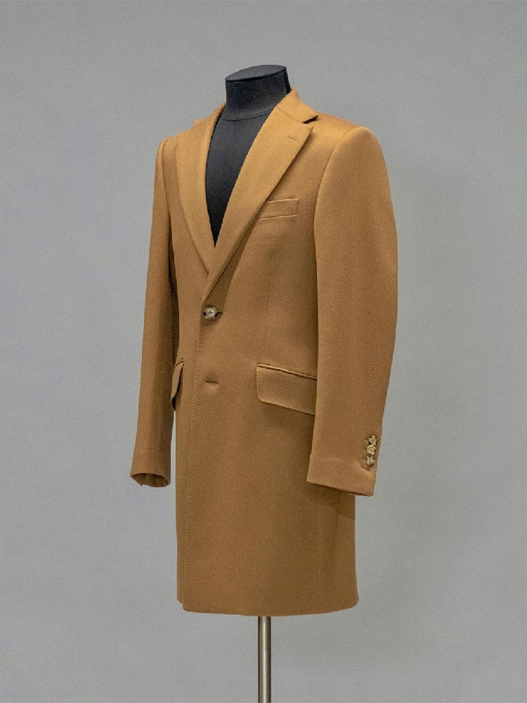 Traje de hombre marrón de una pieza, de un solo pecho, largo, con solapa de pico, abrigo de lana para negocios, traje de novio para boda a medida. 
