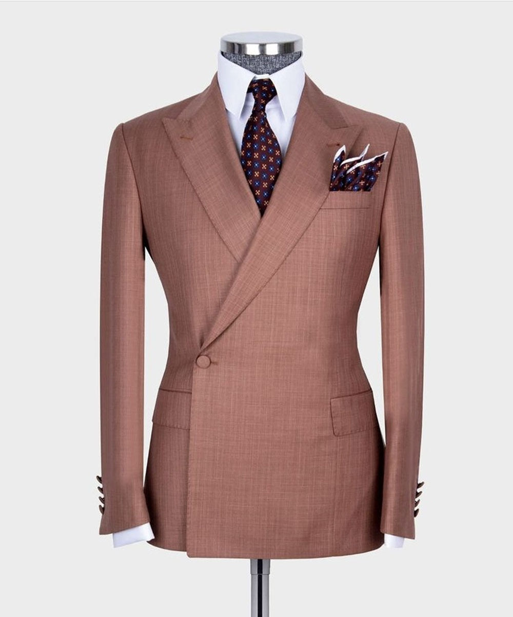 Trajes de hombre con solapa de pico marrón, esmoquin de 1 botón para novio, para graduación, blazer, pantalones para boda, 2 piezas, chaqueta y pantalón.