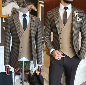 Brown Small Square Blazer Trousers Men's Suits Lattice Pattern Plaid Wedding Wear Clothing Slim Fit Outfit 3pc Jacket Pants Vest