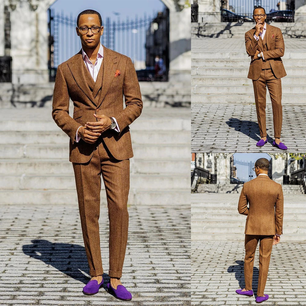 Trajes de hombre de 3 piezas en color marrón liso con solapa de pico, esmoquin informal para boda, chaqueta de padrino (blazer, chaleco y pantalón) 