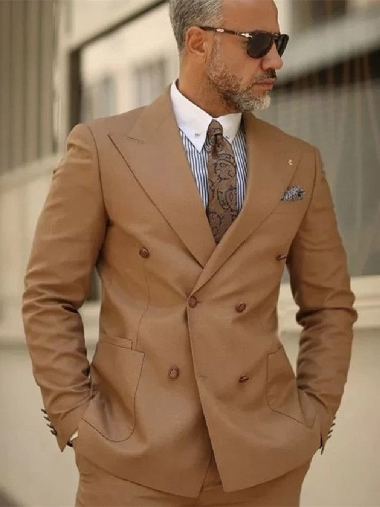 Traje de hombre marrón liso de 2 piezas, blazer de negocios, pantalones cruzados, moderno, para boda, novio, formal, trabajo, fiesta, casual, a medida 
