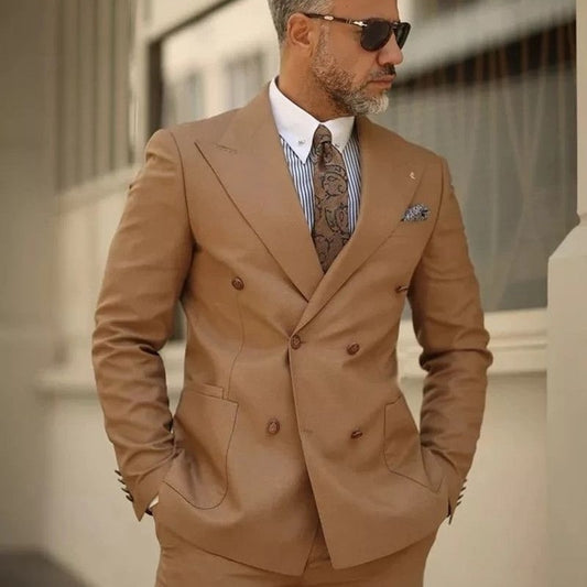 Brown Solid Men Suit 2 Pieces Business Blazer Pants Double Breasted Modern Wedding Groom Formal Work Party Causal Tailored