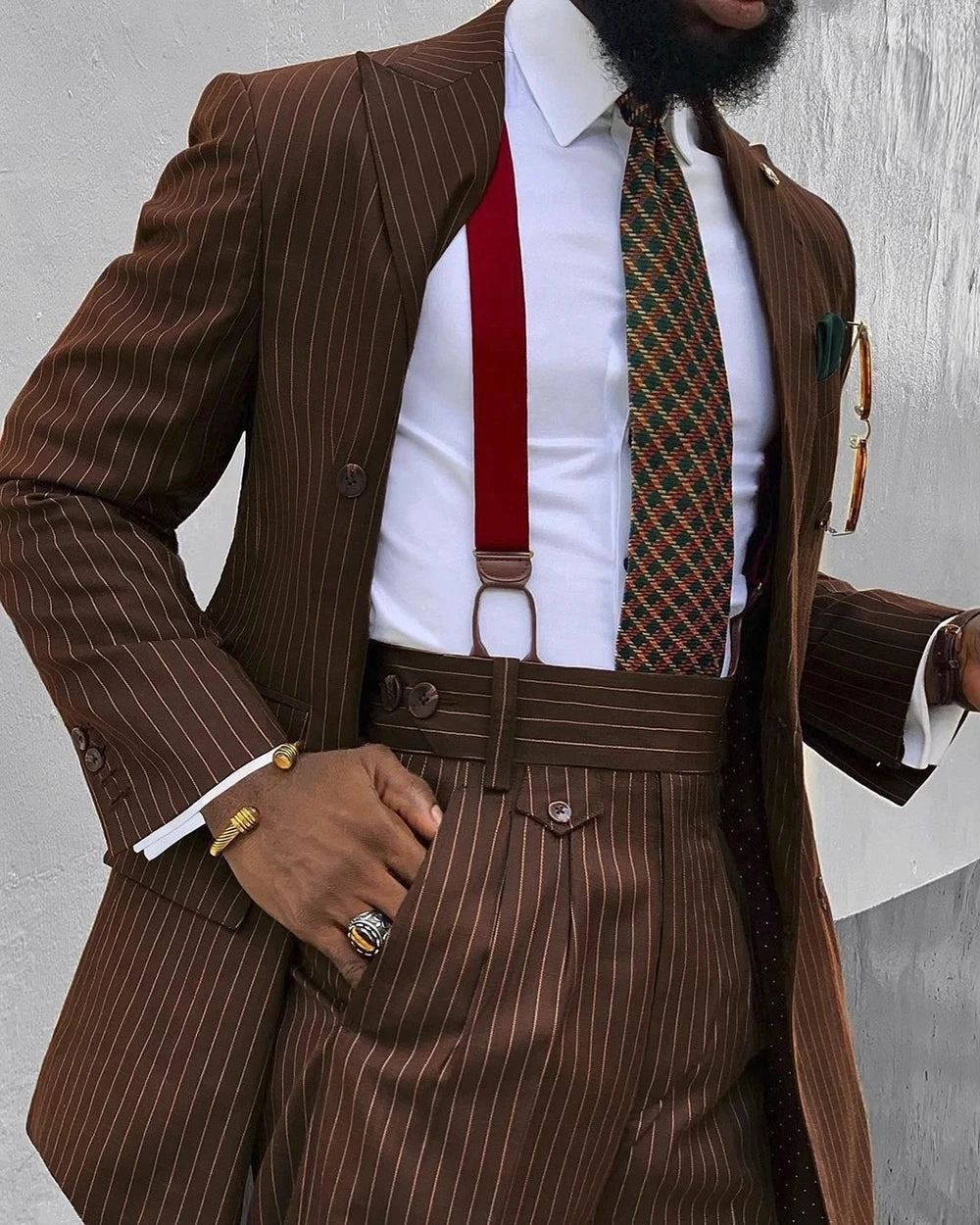 Brown Stripe Double Breasted Men Suit 2 Pcs Wedding Terno Bespoke Groom Prom Slim Fit Peaked Lapel Blazer Trousers(Jacket+Pant)